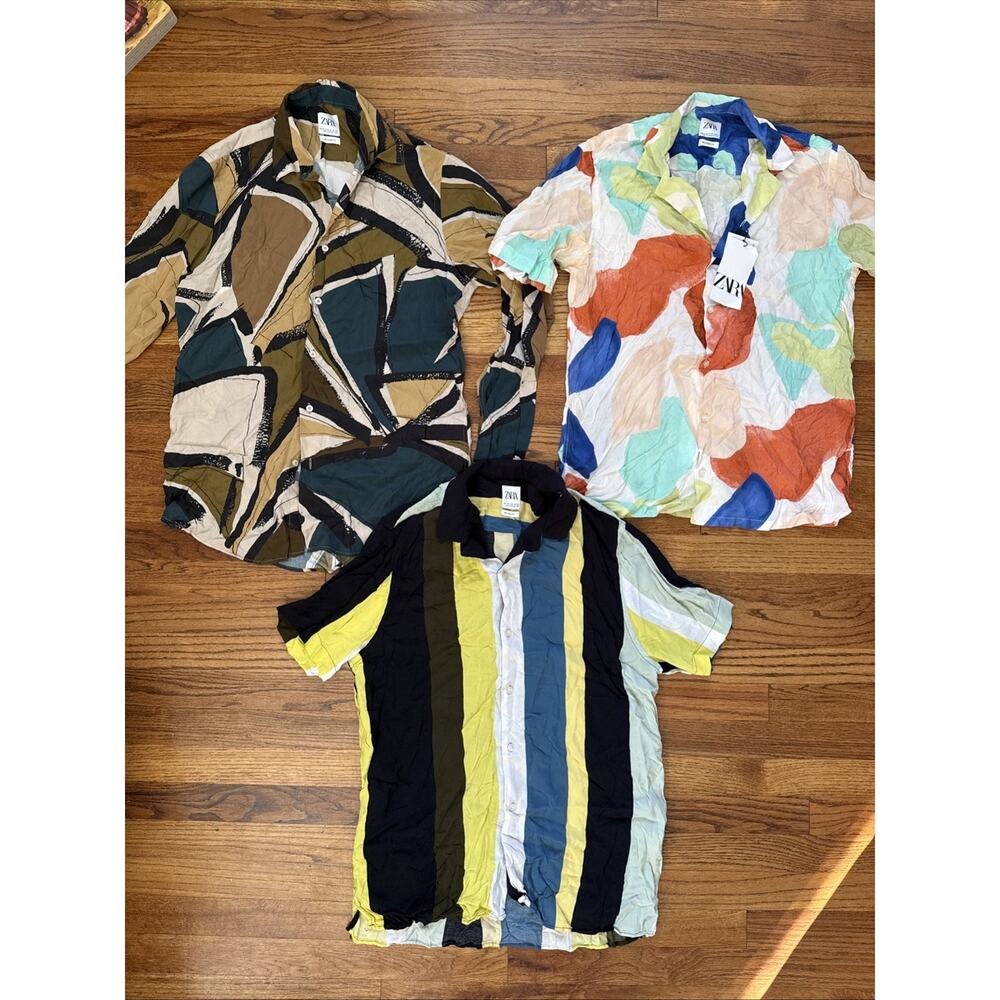 Lot Of 3 Zara Shirt Mens Size M L Ivory Button Up Down Relaxed Fit Hawaiian